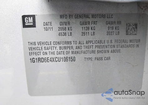 2012 Chevrolet Volt z USA, uszkodzony, nr VIN 1G1RD6E4XCU106150